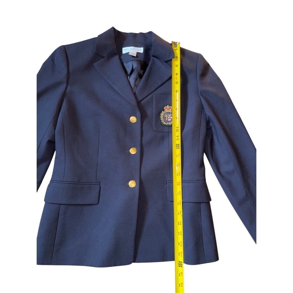 Petite Sophisticate Blazer Womens 4P Navy Stretch Knit Gold Crest wool Classic - Picture 6 of 11